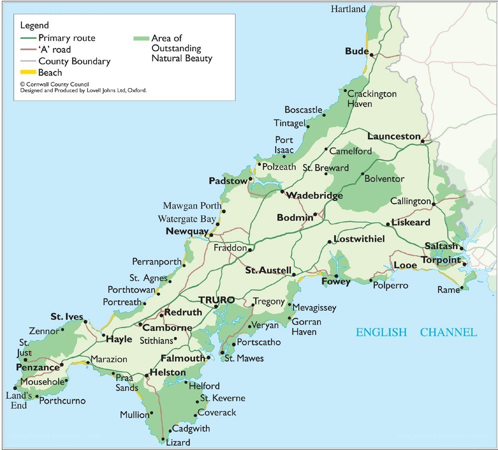 Cornwall map with routes and landmarks