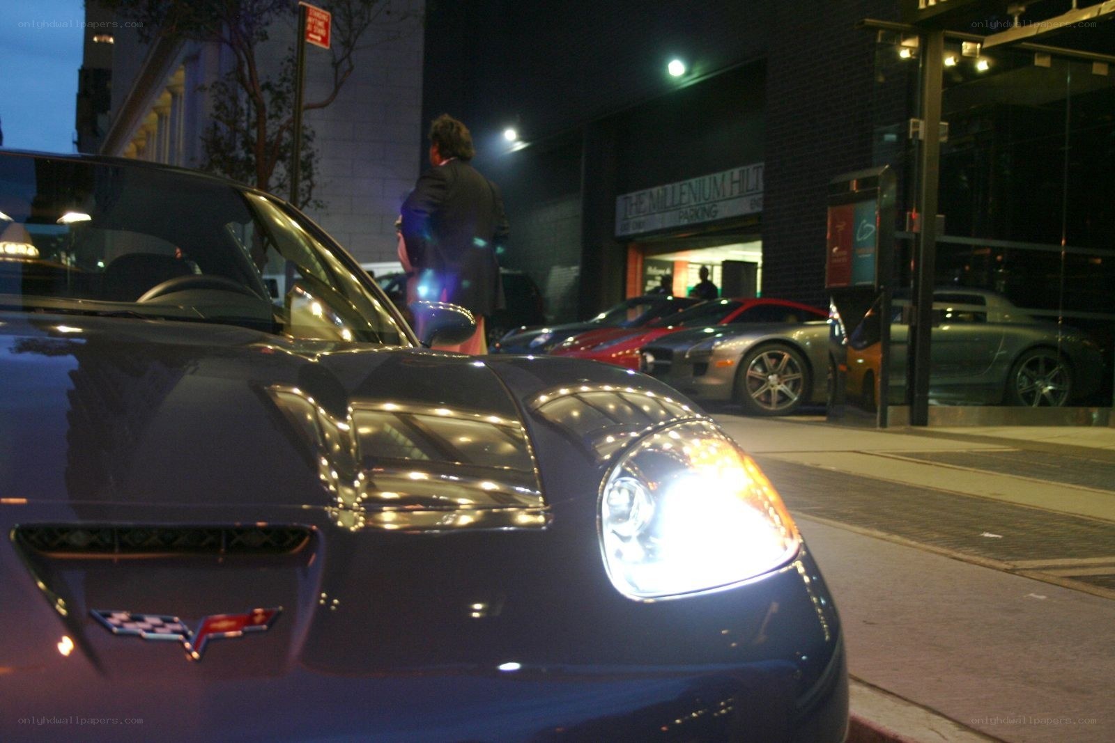 Corvette at night in city