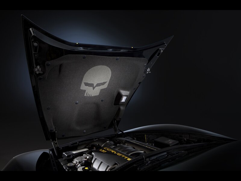 Corvette engine bay with skull emblem
