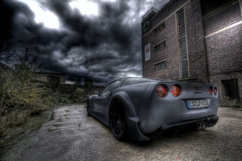 Corvette under stormy sky