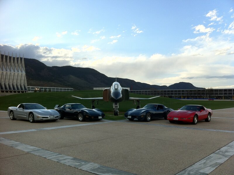 Corvettes and a jet at the Air Force Academy