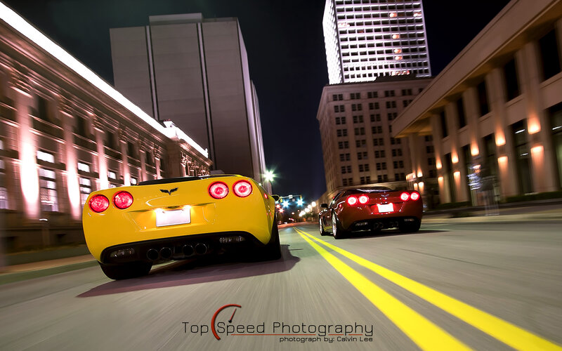 Corvettes racing at night