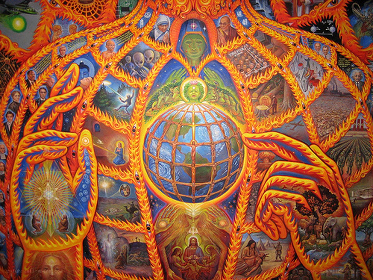 Cosmic artwork with Earth and figures