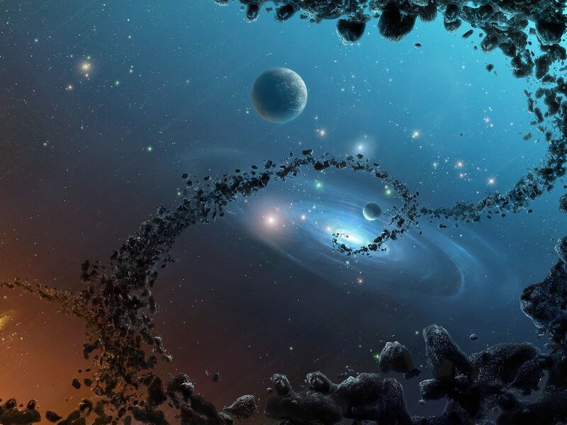 Cosmic asteroid field with planets