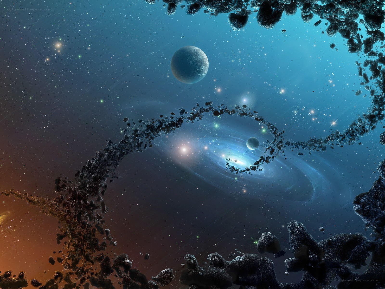 Cosmic asteroid field with planets