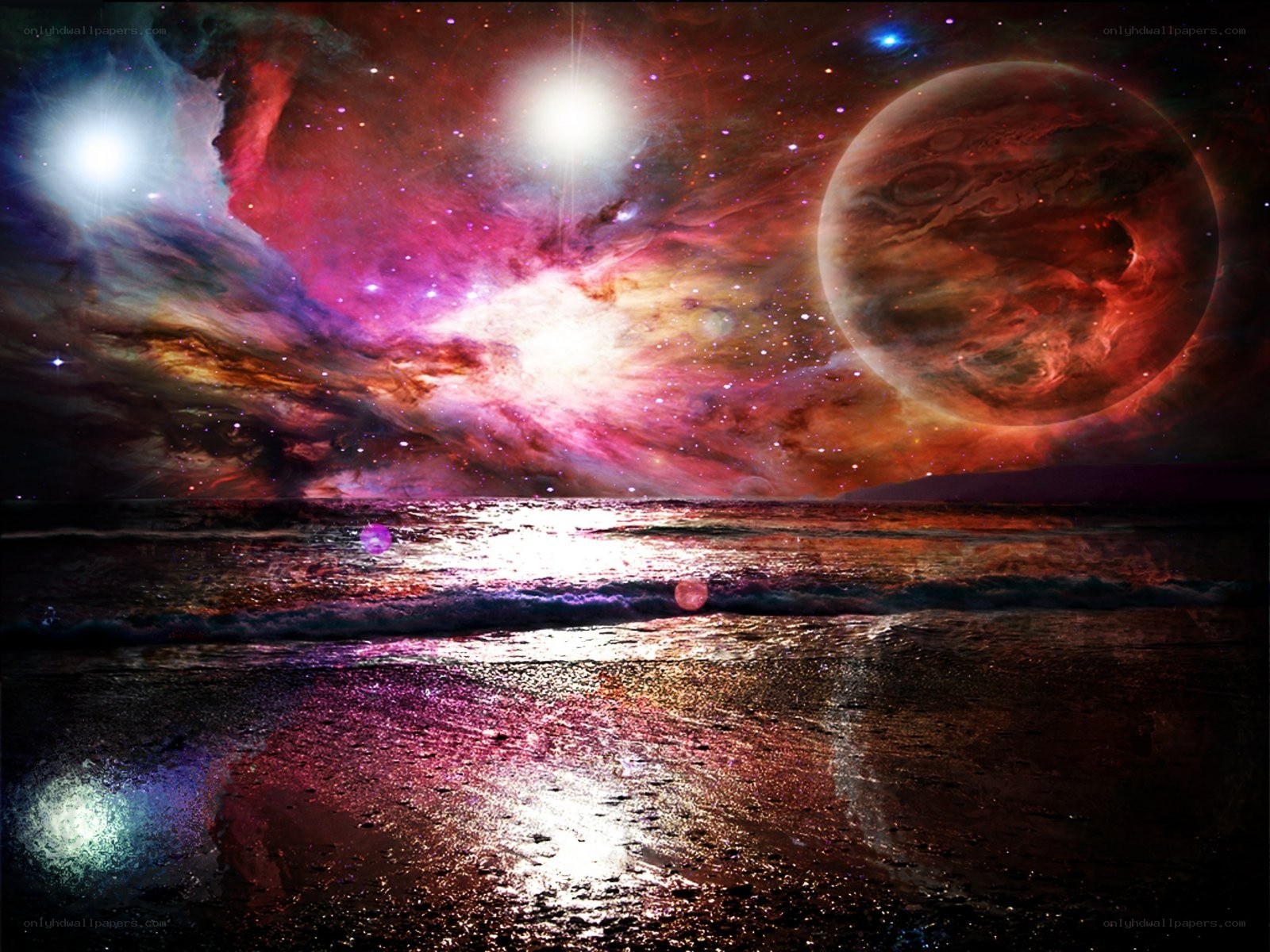Cosmic beach with nebula and planet