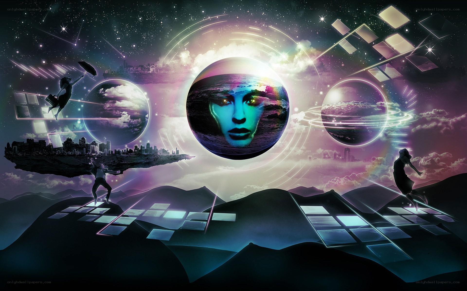 cosmic cityscape with floating spheres