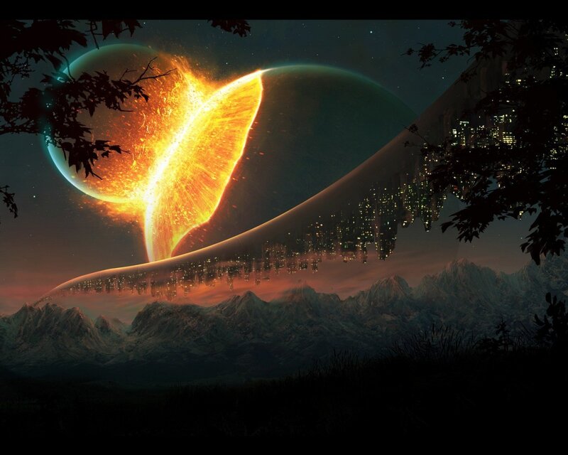 Cosmic collision over alien city