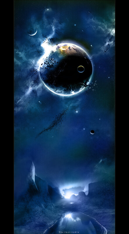 Cosmic collision over alien landscape