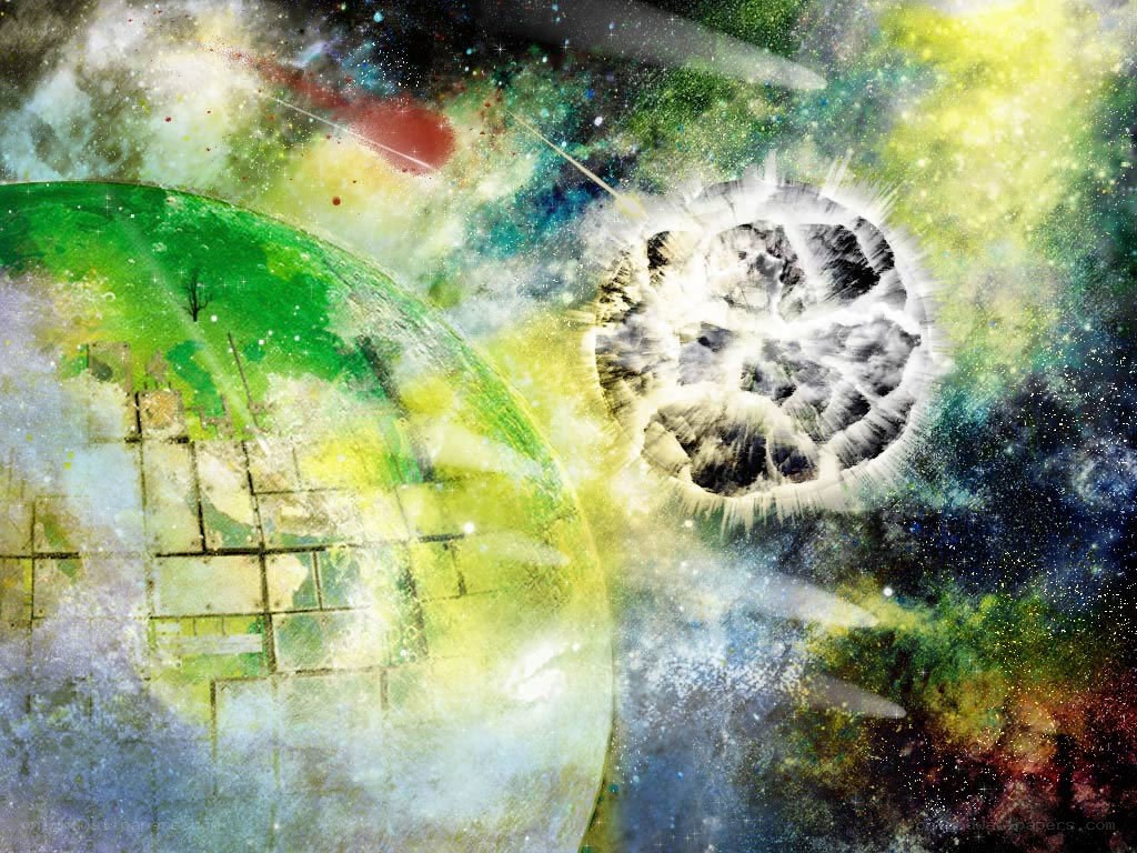 Cosmic collision with green planet