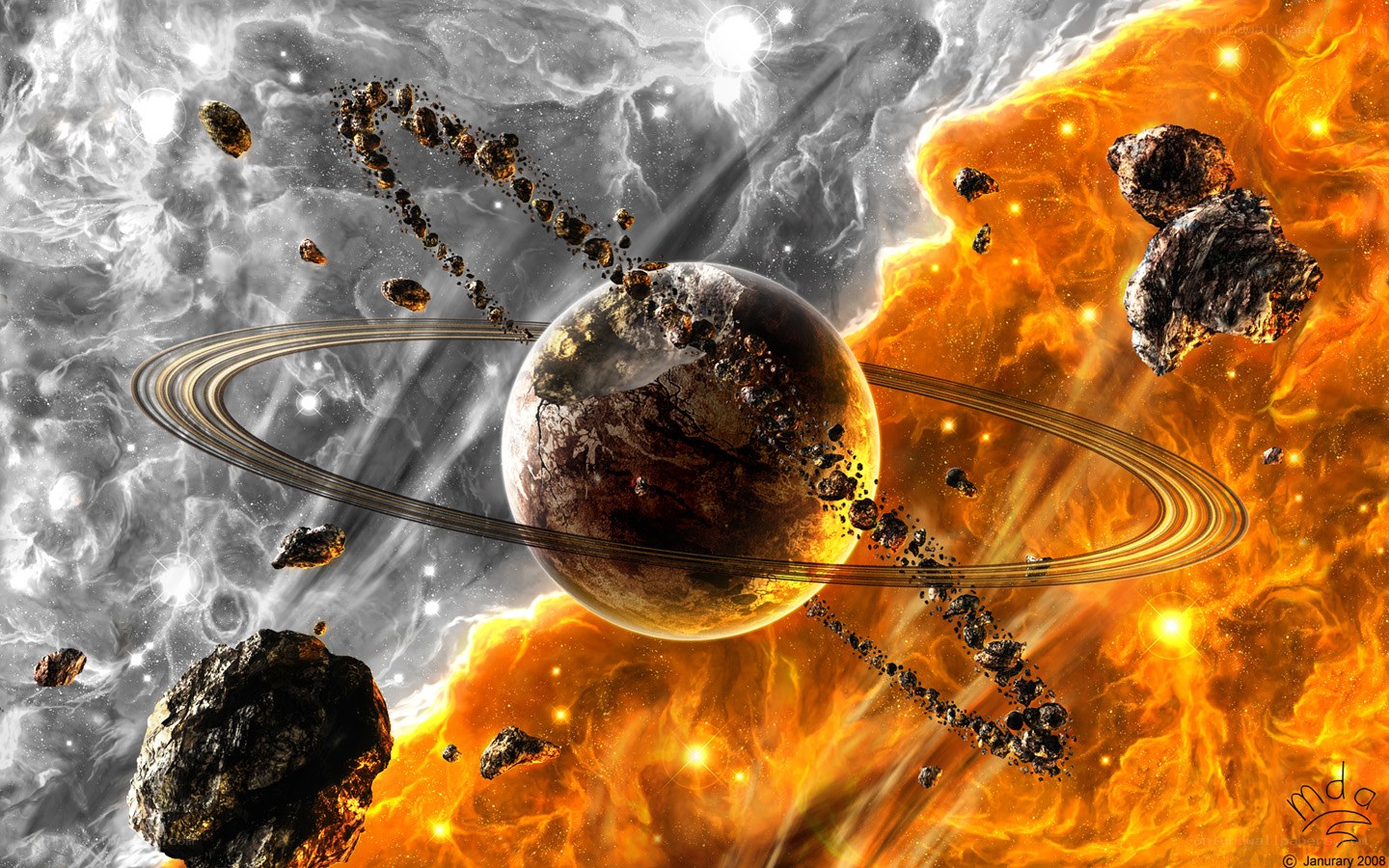 Cosmic collision with ringed planet