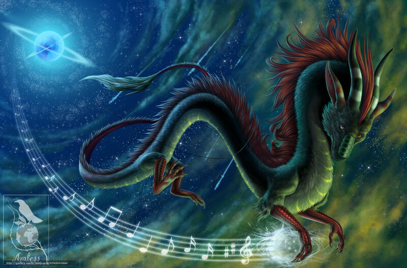 Cosmic dragon with music notes