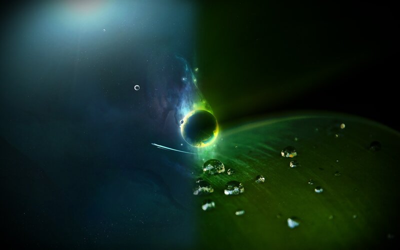 cosmic drop on green leaf