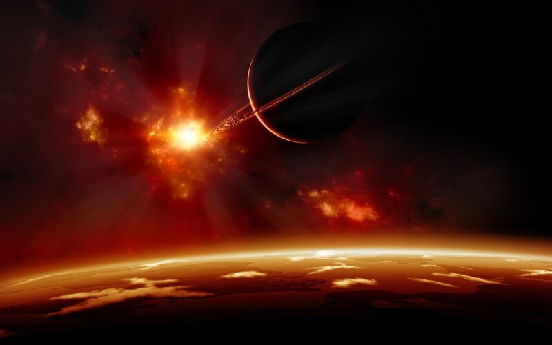 Cosmic explosion over planet