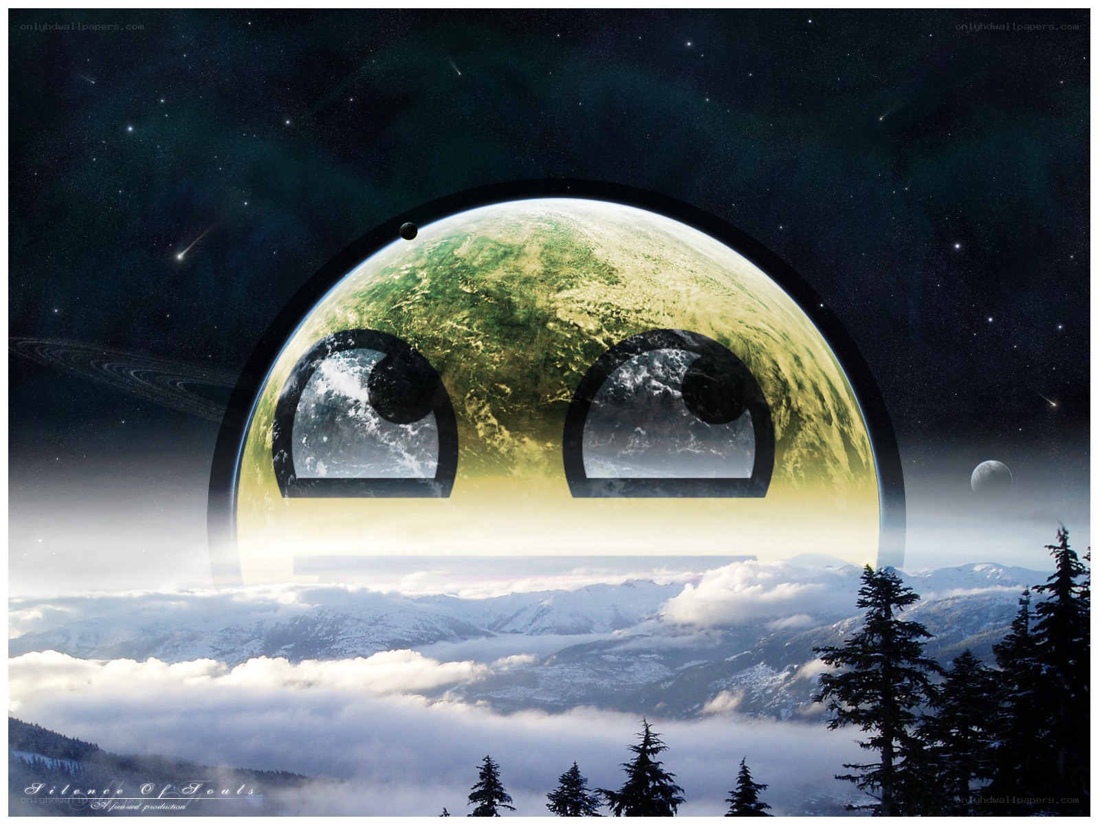 cosmic face over snowy mountains
