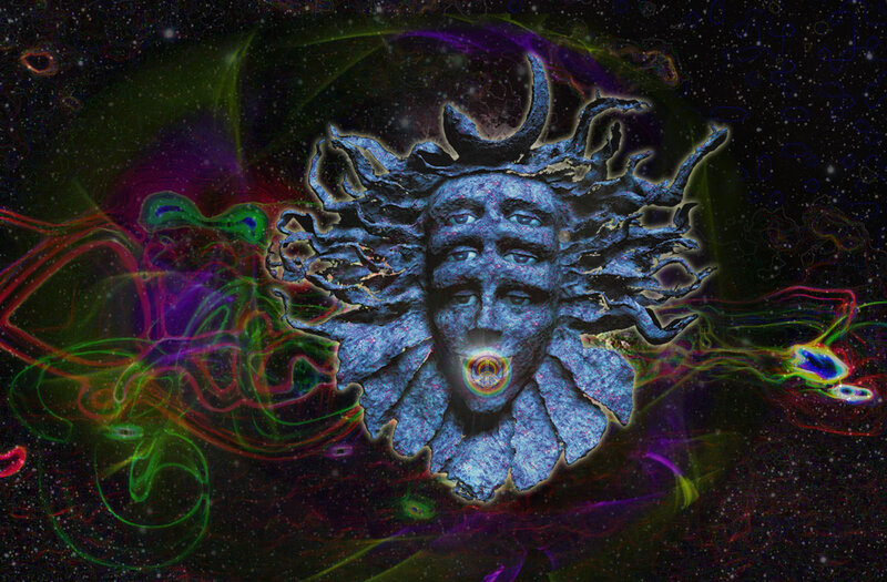 cosmic face with multiple eyes