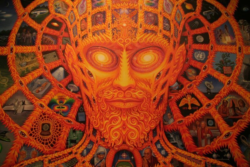 Cosmic face with symbolic imagery