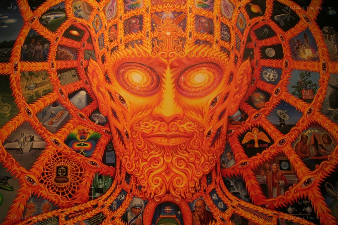 Cosmic face with symbolic imagery