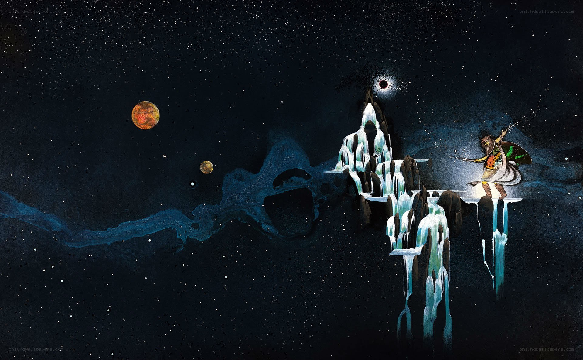 Cosmic figure on icy cliff
