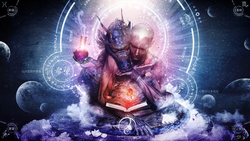 Cosmic figure with dragon and book