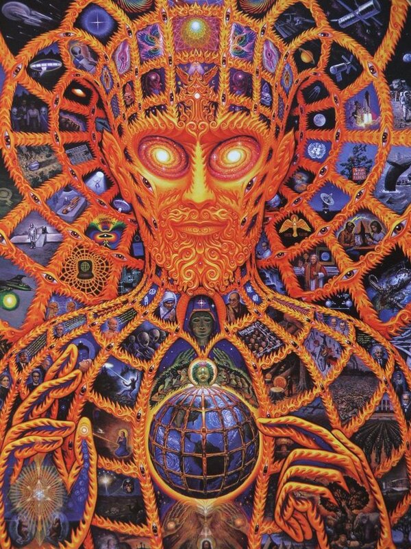 Cosmic figure with Earth and symbols