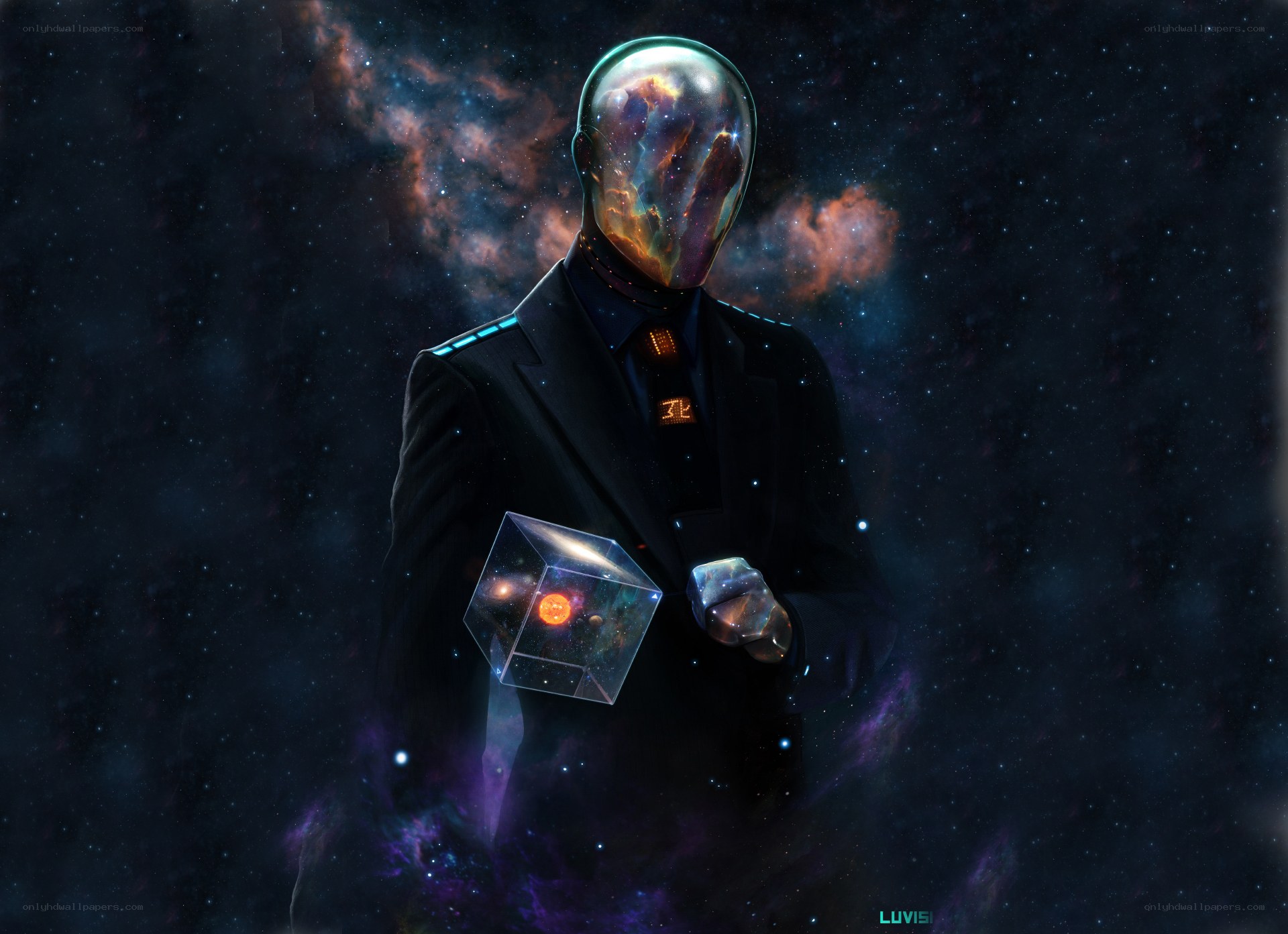cosmic figure with galaxy head
