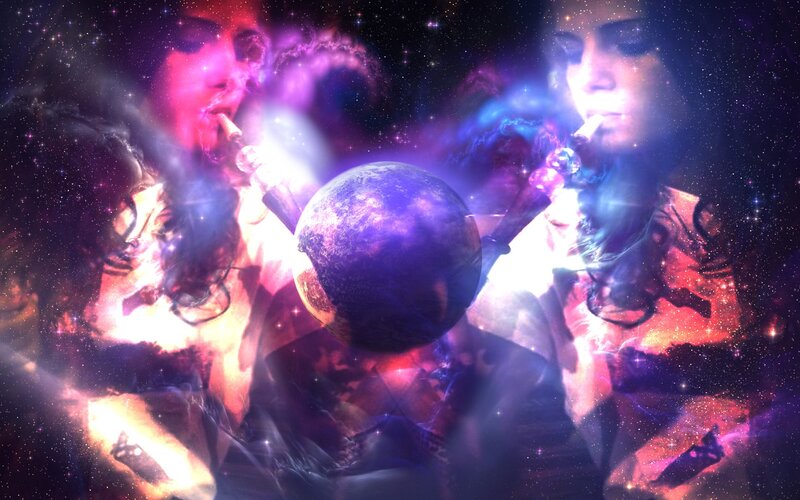 cosmic figures with planet