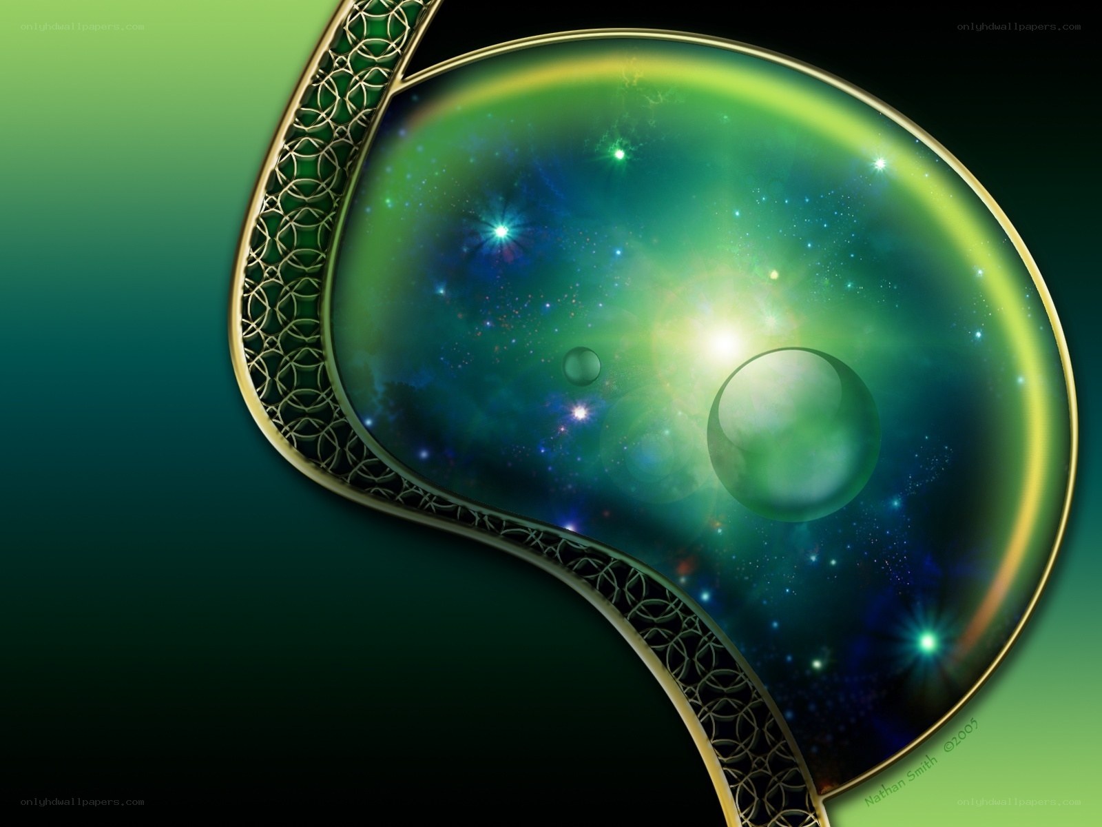 Cosmic green sphere with golden frame
