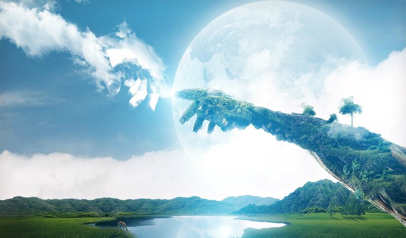 cosmic hand reaching for earth