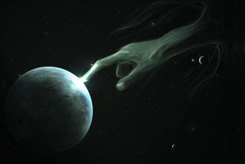 cosmic hand touching planet