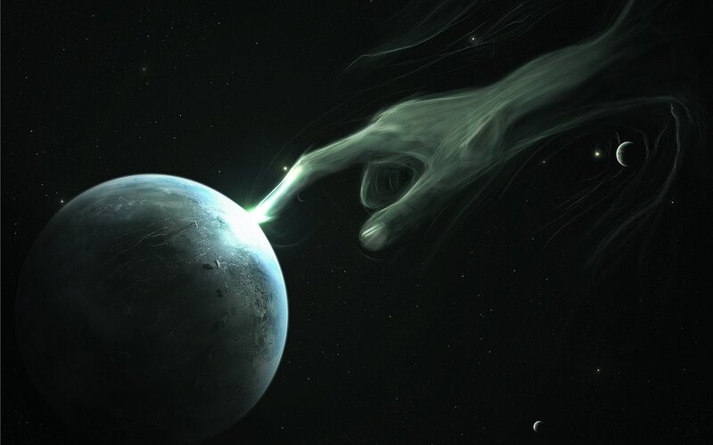 cosmic hand touching planet