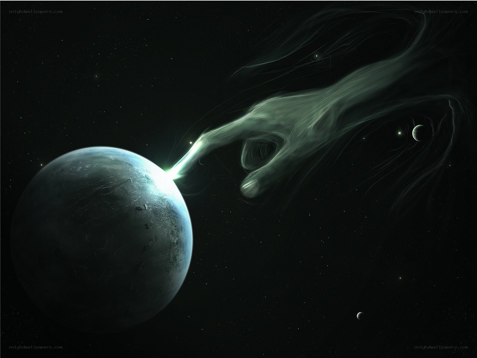 cosmic hand touching planet