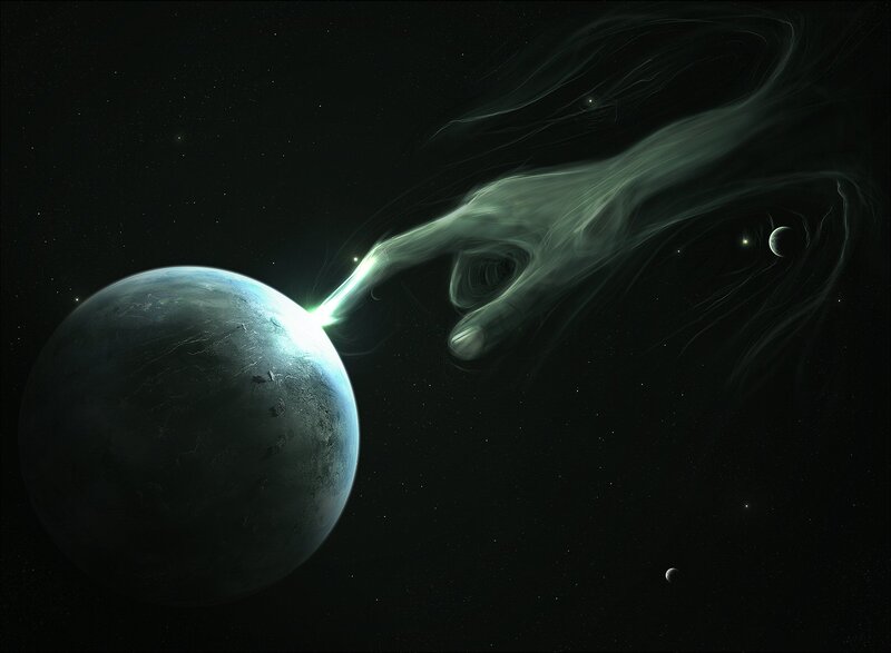 Cosmic Hand Touching Planet — Black, Dramatic