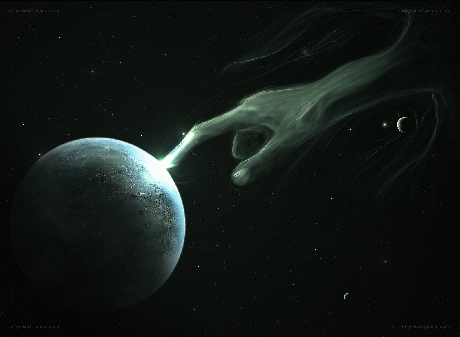 cosmic hand touching planet