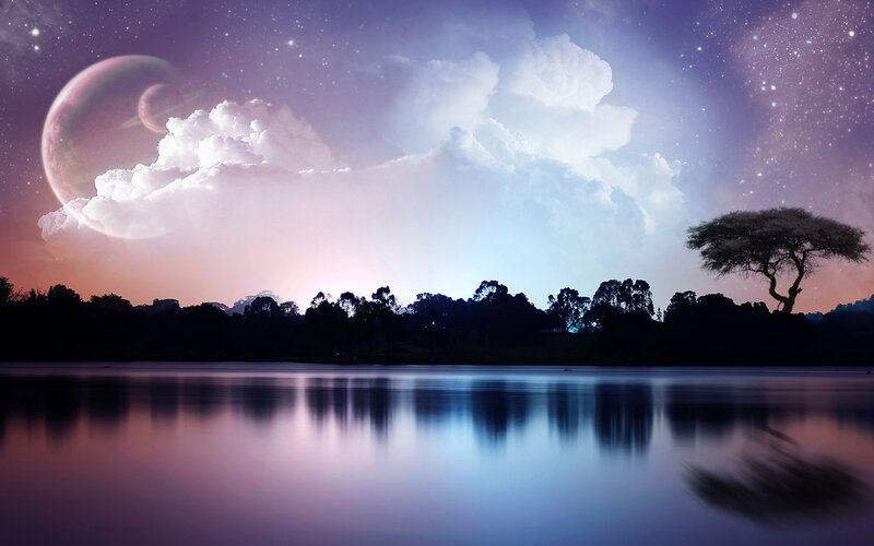 Cosmic lake under alien sky