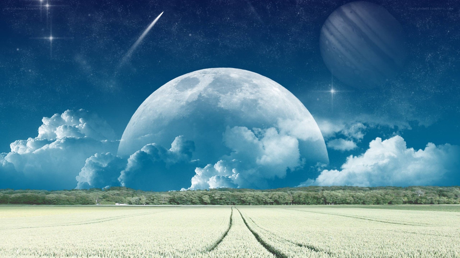 Cosmic landscape with giant moon
