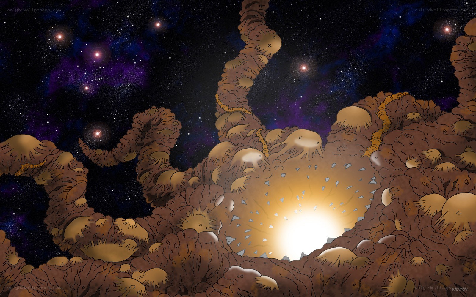 Cosmic landscape with glowing core