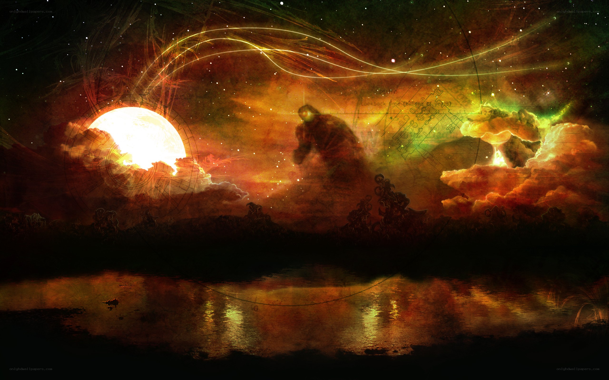 Cosmic landscape with glowing moon