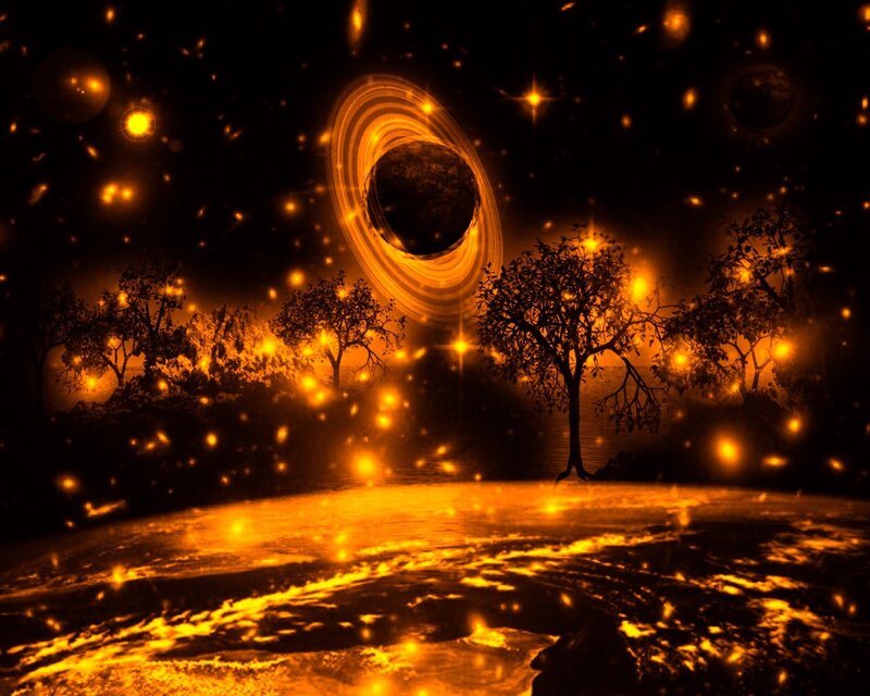 Cosmic landscape with glowing planet