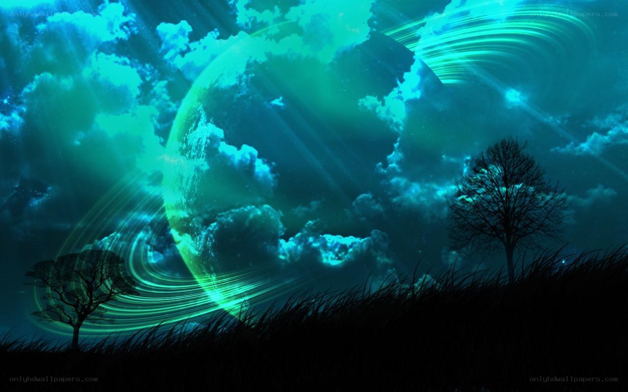 Cosmic landscape with glowing planet