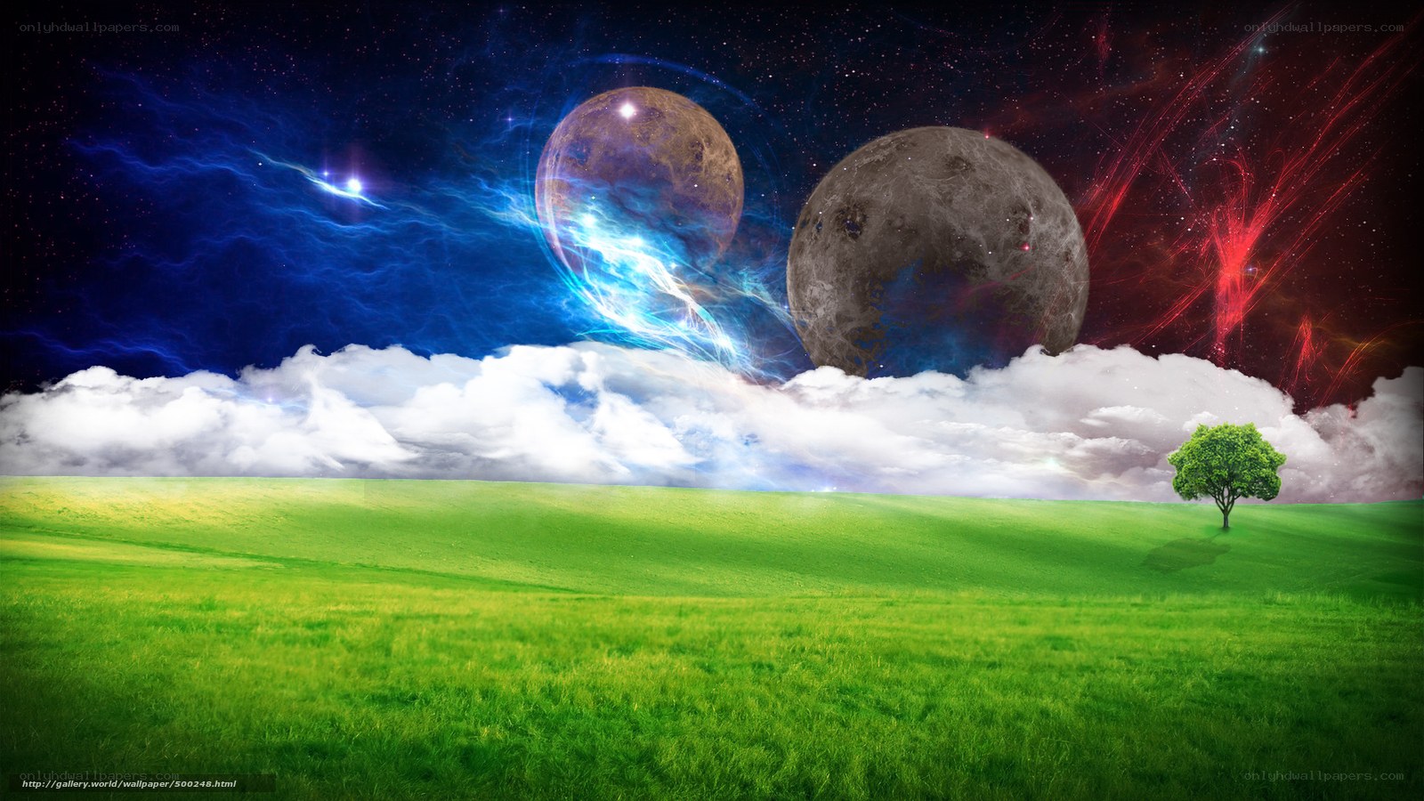 Cosmic landscape with green field