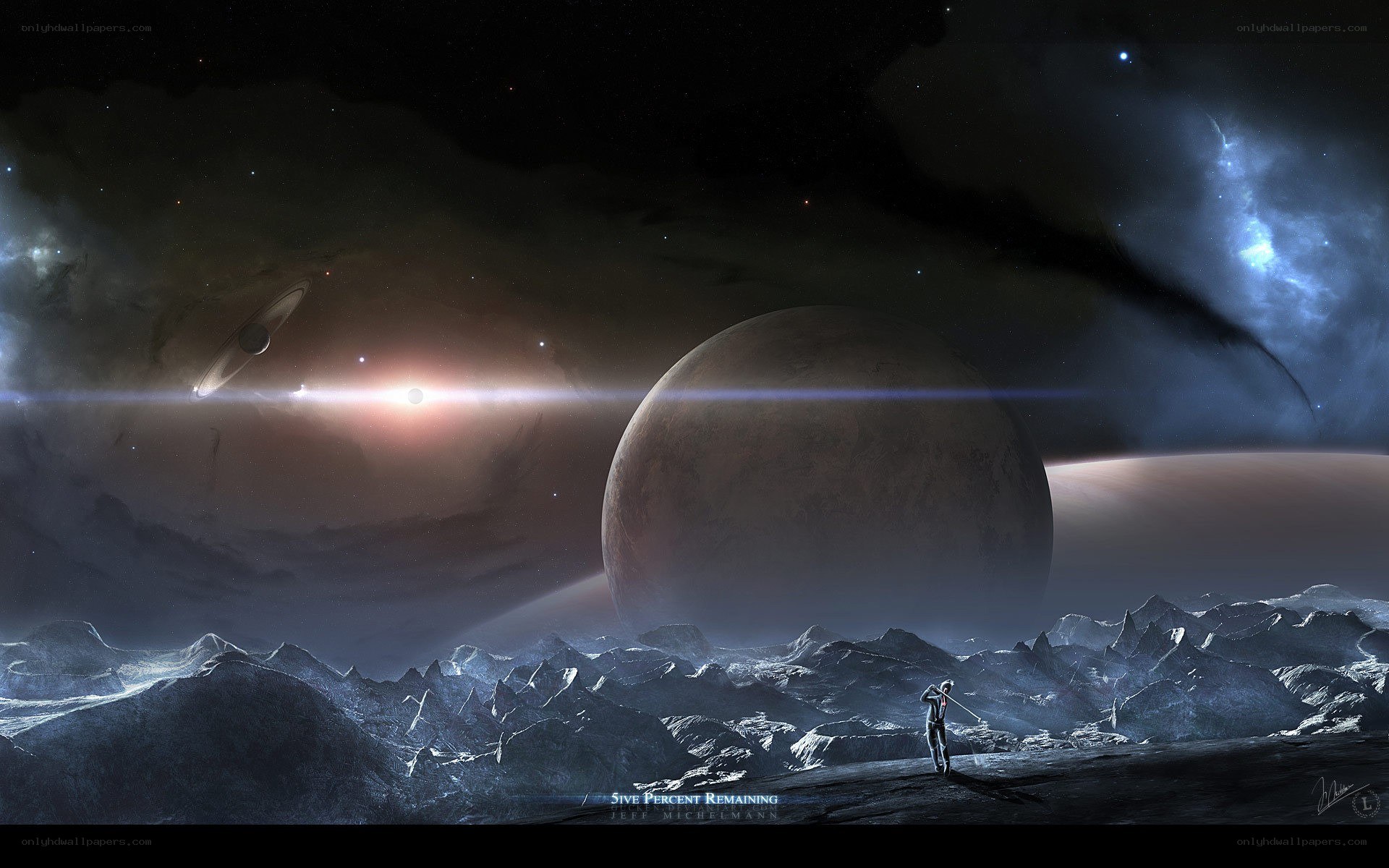 Cosmic landscape with lone figure