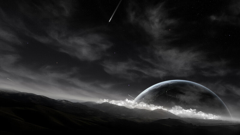 Cosmic landscape with meteor