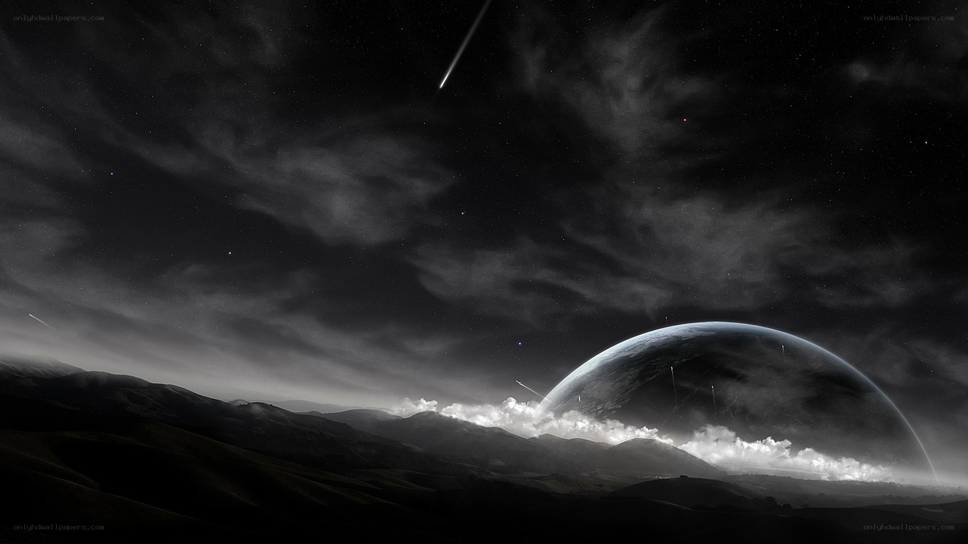 Cosmic landscape with meteor