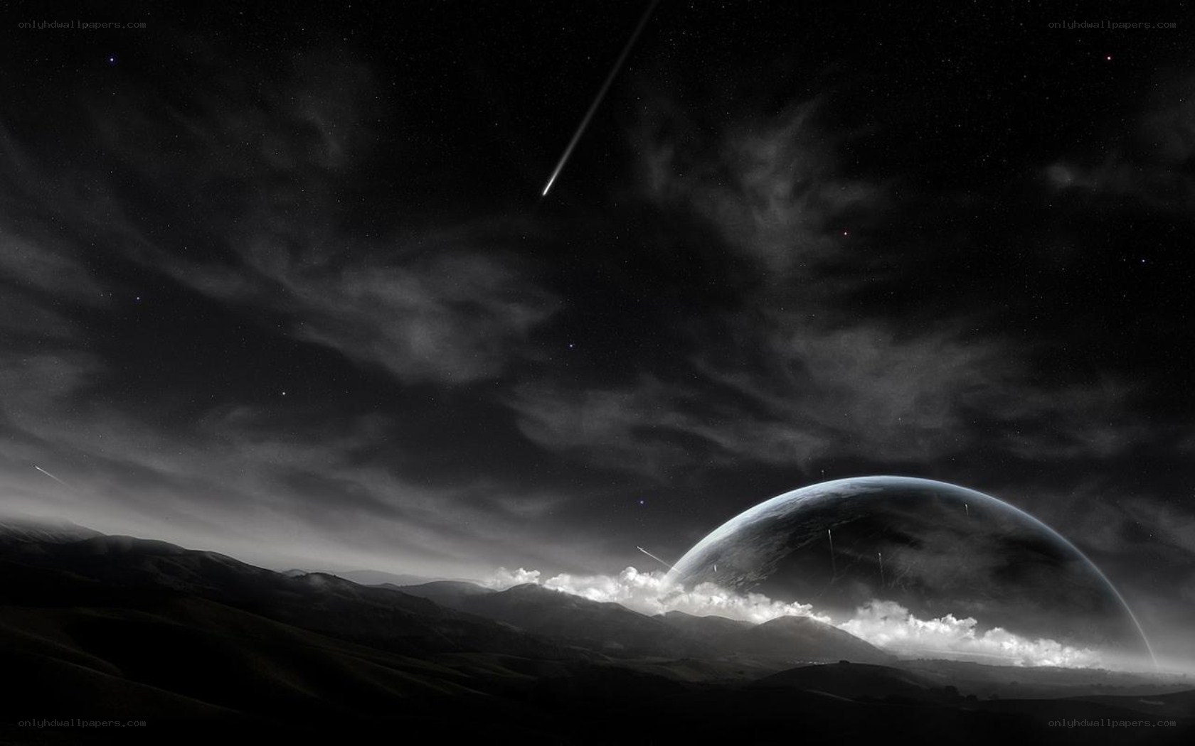 Cosmic landscape with meteor