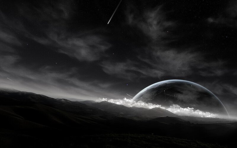 Cosmic landscape with meteor