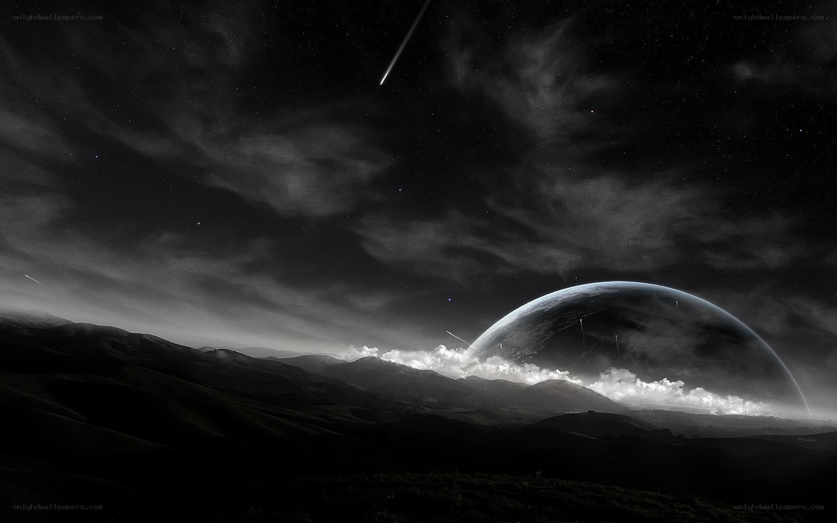 Cosmic landscape with meteor