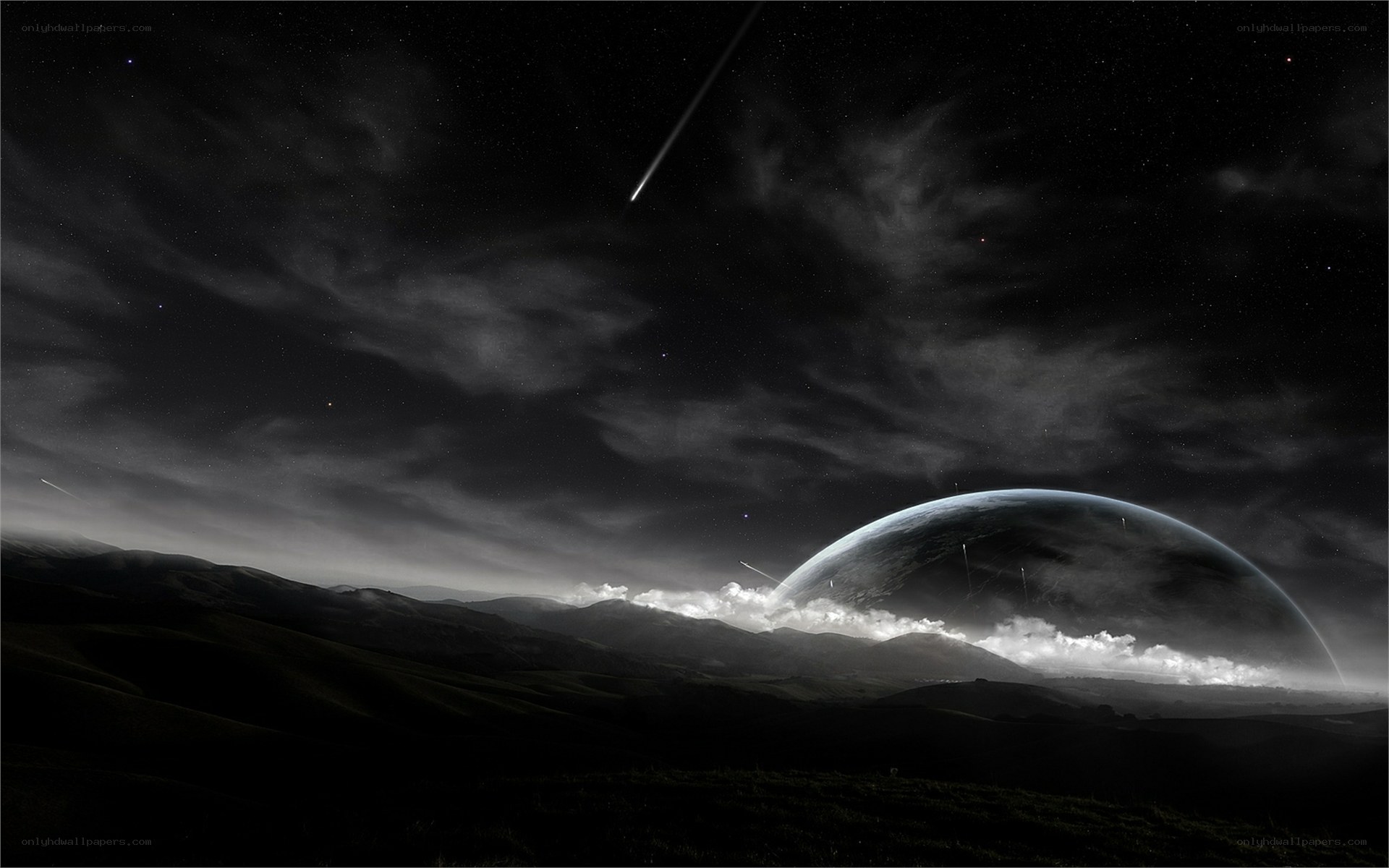 Cosmic landscape with meteor