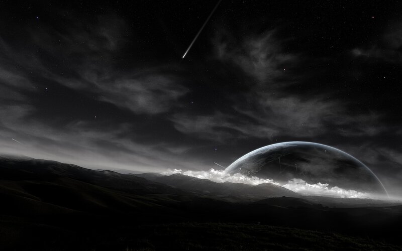 Cosmic landscape with meteor