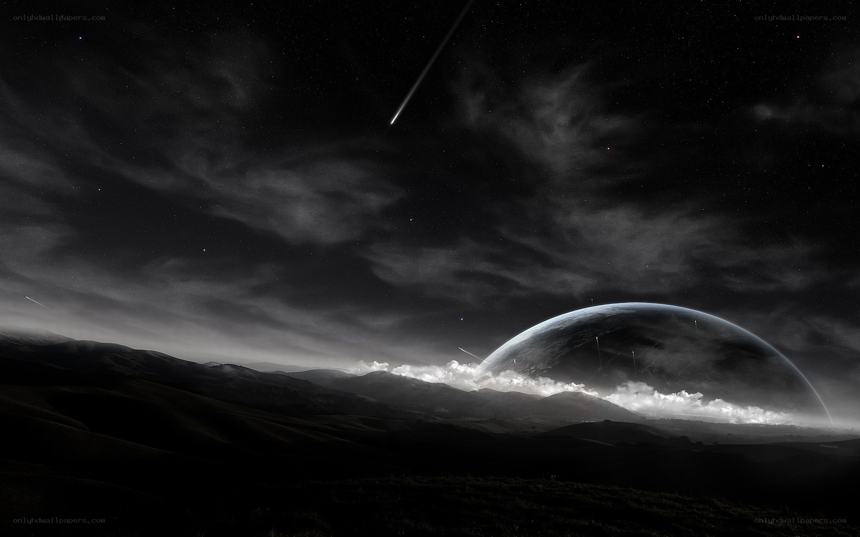 Cosmic landscape with meteor